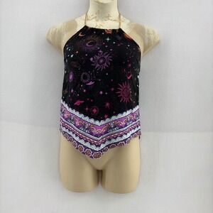 No Boundaries Halter‎ Bandanna Top Celestial Print Chain Strap XS